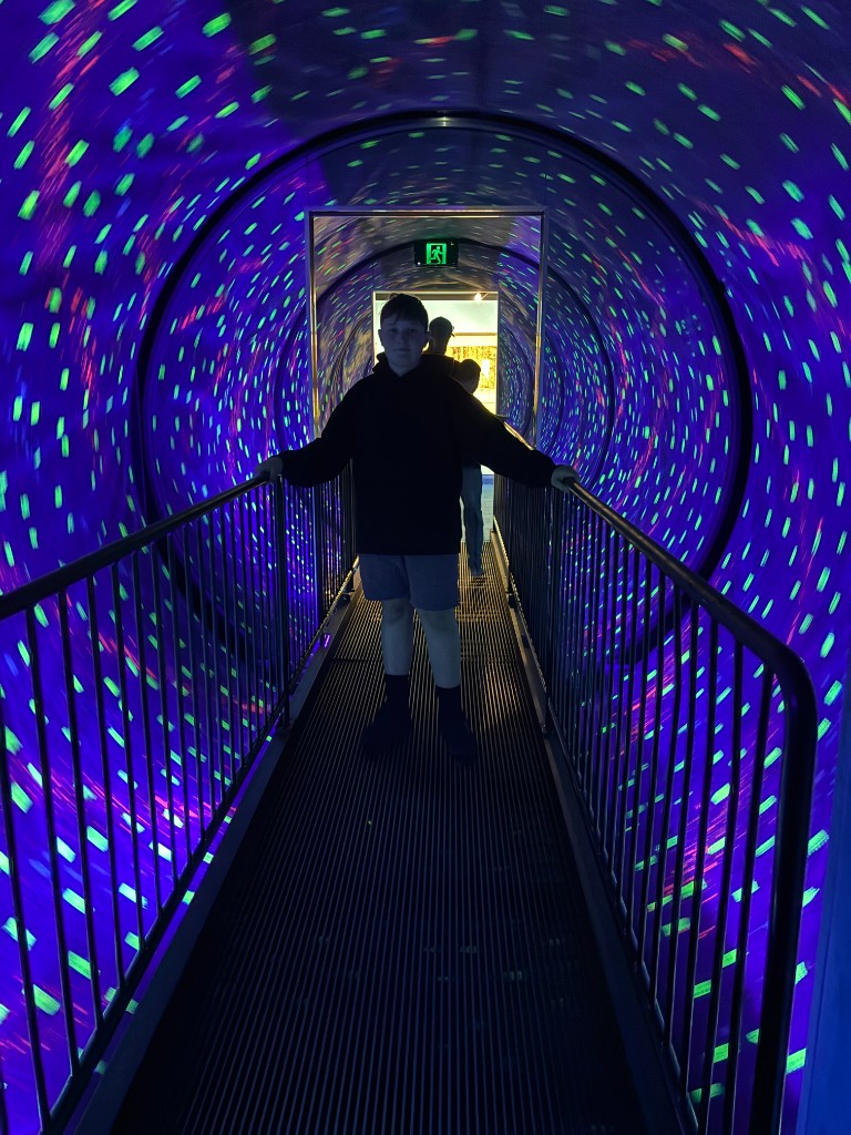 Baxter standing in a neon tunnel.