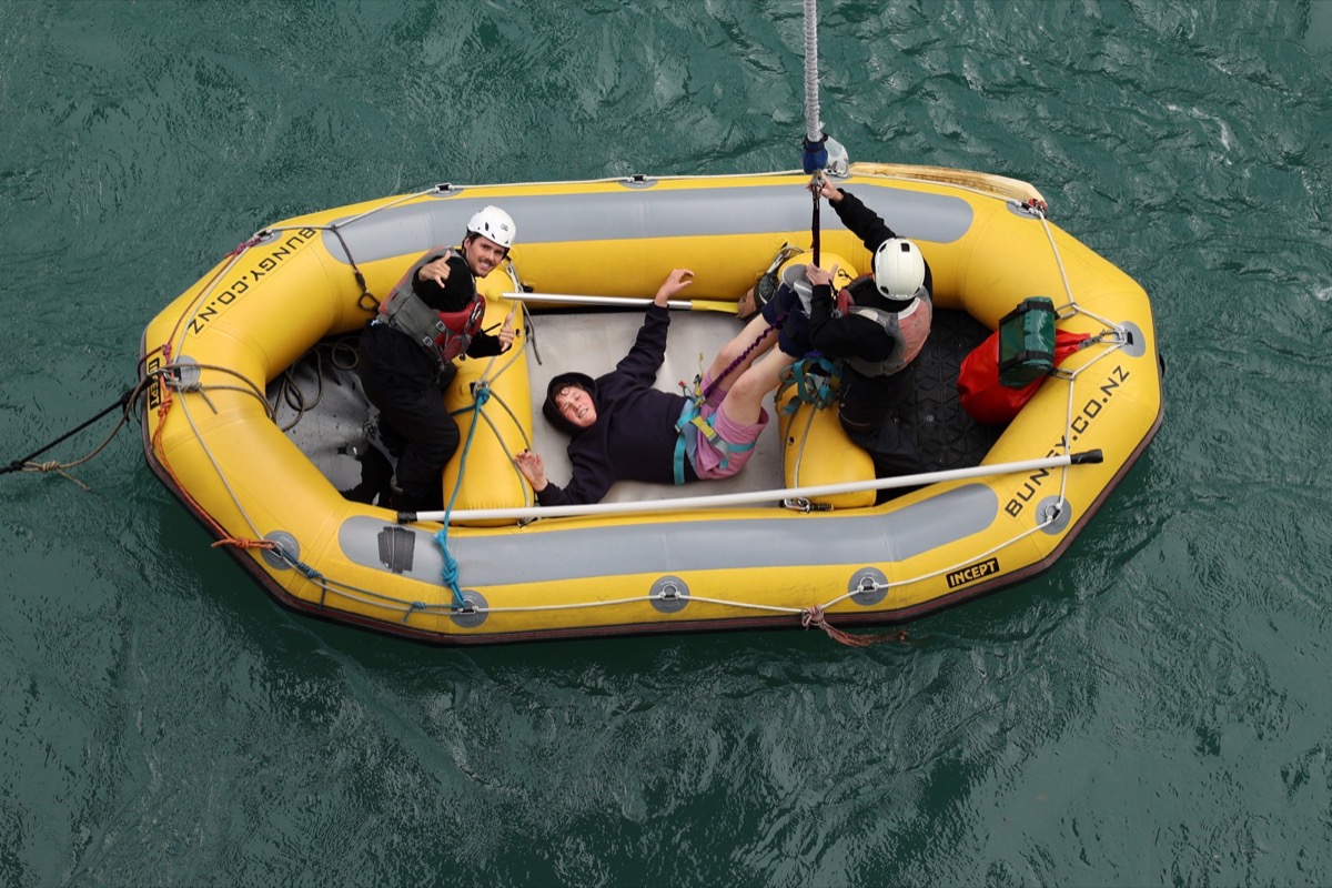 Baxter being recovered after the bungy jump.
